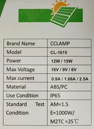 Szolárpanel - 16 V - 15 W - CL-1615 - CcLAMP