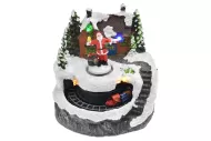 Karácsonyi dísz - Santa a ház előtt és mozgó vonat - világító - 13 cm